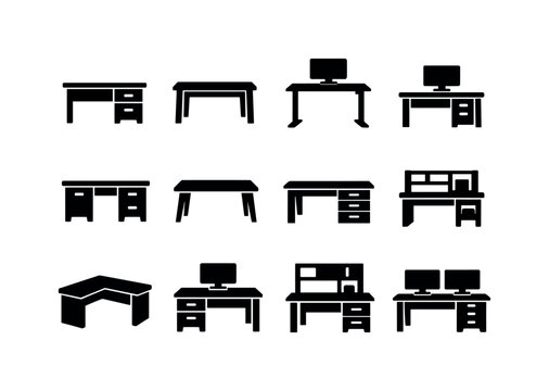 Desk. Solid icon set of Desk: office desk, writing desk, standing desk, computer desk, wooden desk, minimalist desk, desk with drawers, desk