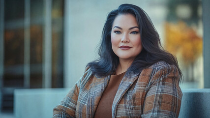 Woman with long dark hair wearing a plaid blazer and looking at the camera