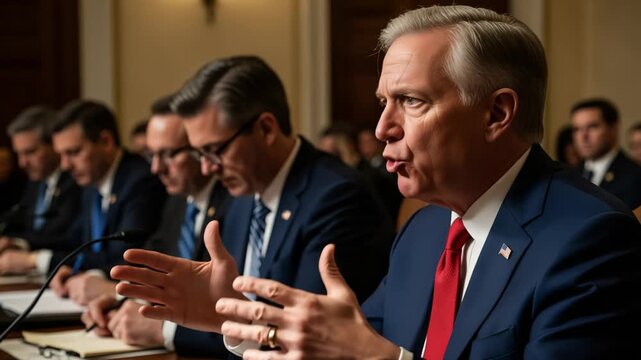 Government official articulates with deliberate hand movements