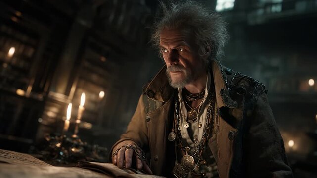 Alchemist examines map, Mystic scholar analyzing ancient parchment and talismans