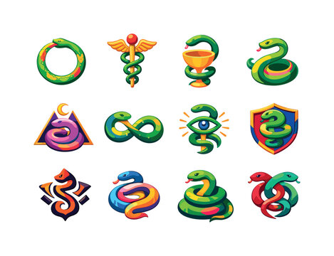 Snake symbols. Colorful isometric vector icons set of snake symbols: ouroboros snake circle, snake and staff symbol, medical snake icon,