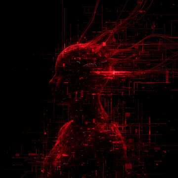 Perfil de cabeza humana abstracta formada por l&iacute;neas de c&oacute;digo y datos rojos, concepto de inteligencia artificial, identidad digital, mente colmena y glitch art.