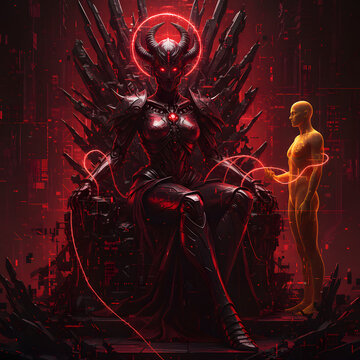 Retrato de entidad androide biomec&aacute;nica femenina, concepto de inteligencia artificial oscura y singularidad tecnol&oacute;gica, estilo cyberpunk con luces de ne&oacute;n rojas.
