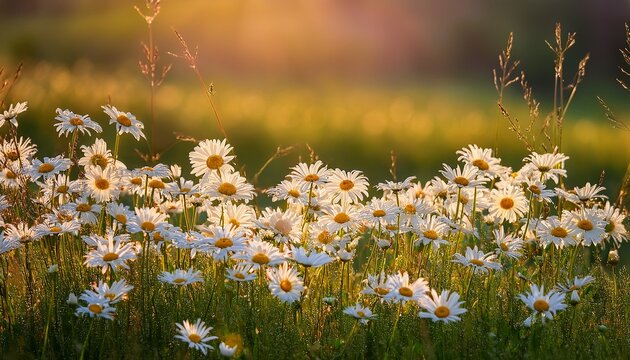 Oxeye Daisies Blooming In A Green Field Under Natural Light