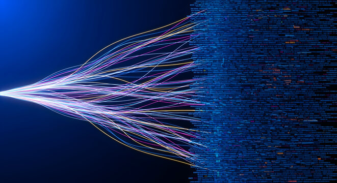 Abstract visualization of data streams flowing and converging into a complex digital matrix of code, representing big data, artificial intelligence, and information processing.
