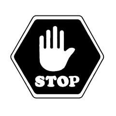 Obraz premium High-contrast black and white stop hand gesture symbol in a bold hexagon shape, ideal for safety signs, traffic warnings, and vector design projects.