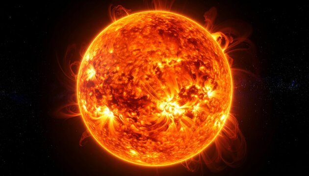 Sun with solar flares and coronal loops in outer space, astronomy and space weather concept. Generated image