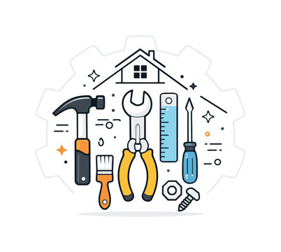 Geometric Home Tools. Abstract repair concept. Tools arranged into a balanced geometric composition forming a subtle gear or house shape. Symbolic home