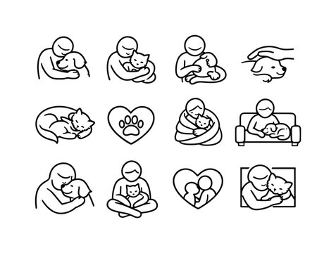 Cuddling with pets. Line icon set of Cuddling with pets: person hugging dog, person cuddling cat, pet on lap, gentle petting hand, sleeping