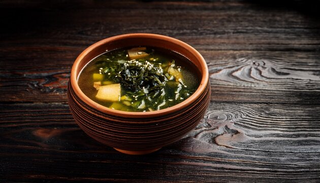 Hearty Seaweed Soup In A Rustic Bowl