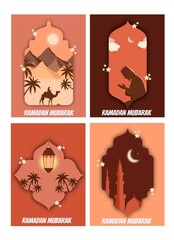 Set of Ramadan Kareem banner, poster, greeting card, cover design with mosque, crescent moon, Muslim men, pattern background and typography in flat geometric style.