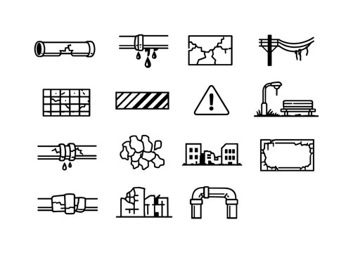 Urban decay elements. Line icon set of Urban decay elements: abandoned pipe, dripping rust water, cracked concrete wall, exposed utility