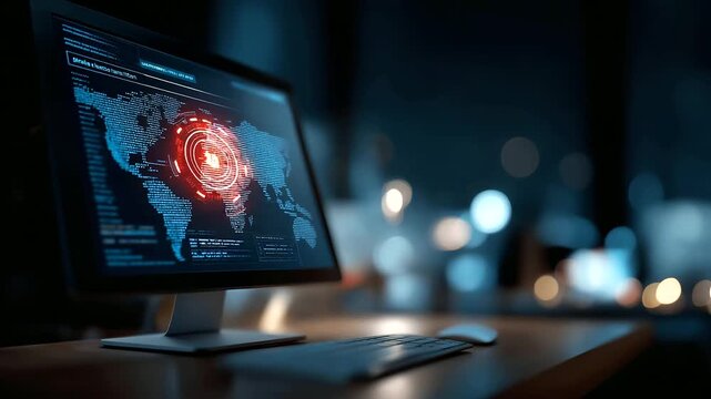 System hacked alert on computer screen, cyber attack network visualization, compromised information concept, internet virus security, cybercrime threat display, defocused digital i