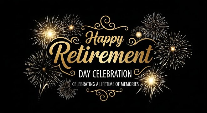 Happy Retirement Day celebration with golden script text and a fireworks display, commemorating a lifetime of memories.