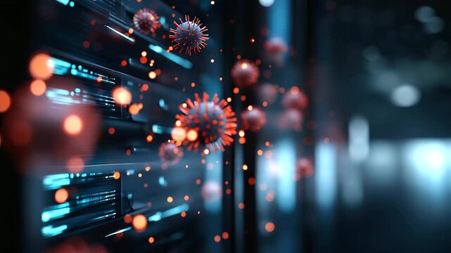 Digital wall virus data breach visualization, system failure display, hacker server cyber attack, network security compromise, malicious intrusion concept, defocused digital interf