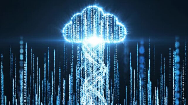 Digital cloud computing visual with flowing data and dynamic elements. Abstract representation of data transmission and storage through cloud technology.