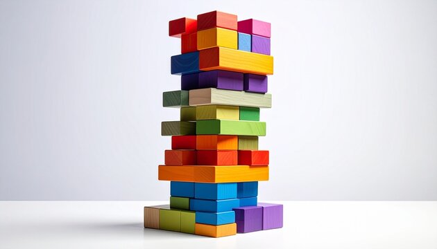 Colorful tower built from interlocking LEGO-style blocks with multiple layers and platforms