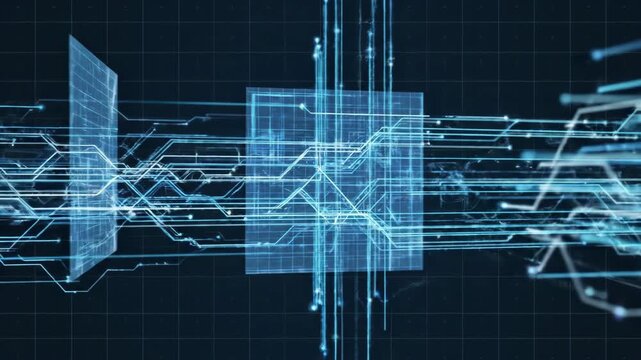 Dynamic digital interface with flowing blue lines and grids, showcasing advanced technology and data visualization.