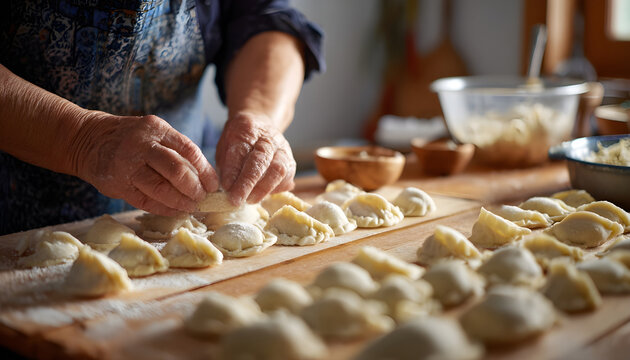 Preparing traditional pierogi dumplings for family meal