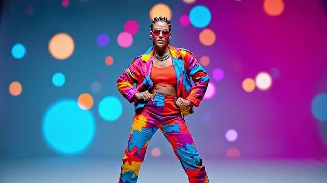 A woman in a colorful jacket and sunglasses sitting on a stool