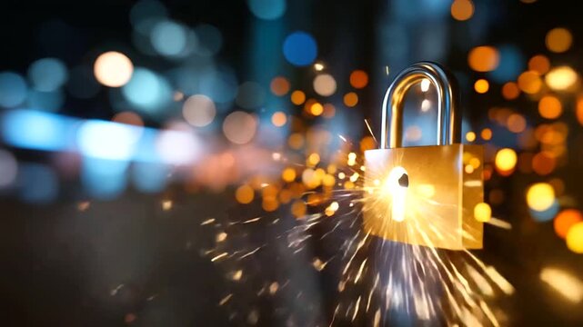 Hacker attack and data breach visualization, information leak concept display, futuristic cyber background, broken lock symbol, security compromise representation, defocused digita
