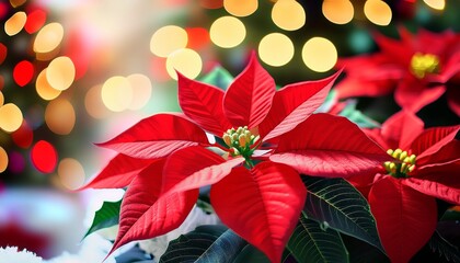 Closeup Of Beautiful Red Poinsettia Euphorbia Pulcherrima Christmas Star Flower Christmas Tree Lights Bokeh Background