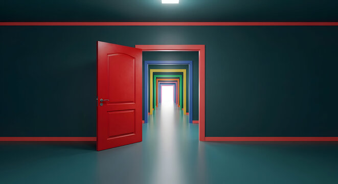 A long, dark hallway with multiple open doors in various colors, leading to a bright light, symbolizing choices, opportunities, new beginnings, and the path forward.