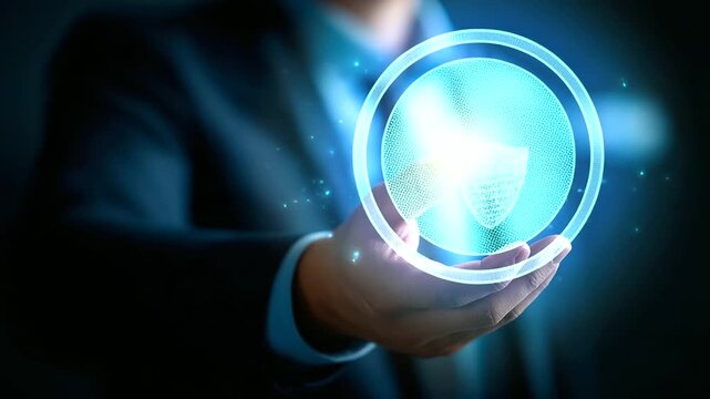 Metaverse cybersecurity cybercrime visualization, faceless businessman interface, crypto currency protection, digital network technology, virus attack shield, defocused digital dis