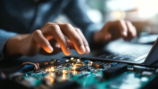 Faceless cyber security engineer hands typing keyboard, network protection work, cyberattack prevention operation, online privacy access, personal data protection task, defocused c