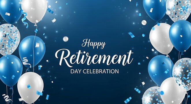 Happy Retirement day with blue and white balloons and confetti against a dark blue background