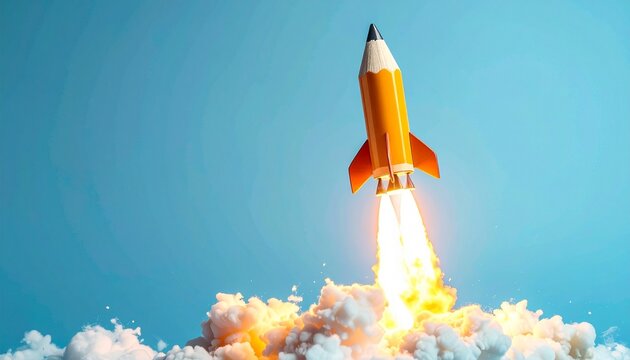 Stylized rocket shaped like a pencil launching with flames and smoke against blue gradient sky