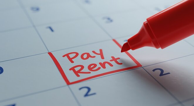 Red marker highlighting pay rent reminder on calendar with date boxed for emphasis