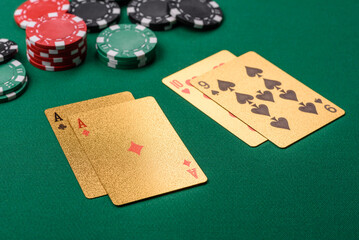 Casino, cards and chips on a colored background, poker and blackjack. Cards and chips
