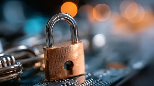 Penetrated security lock with hole visualization, computer circuit board display, breach compromise concept, system vulnerability representation, unauthorized access scenario, defo