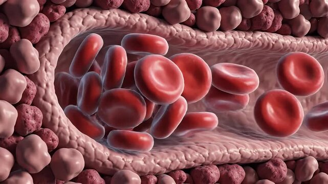 CGI Animation of Testosterone Affecting Red Blood Cells with Green Particles on Brown Background for Scientific and