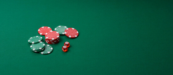 Casino dice and chips on a colored background, poker, gambling with bets. Dice and chips © chernikovatv