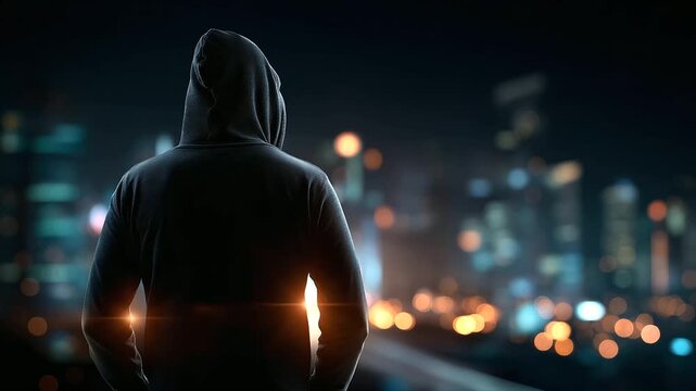 Faceless malicious hacker looking forward, corporate data theft intent, cybersecurity threat scenario, information breach planning, digital crime preparation, defocused dark backgr