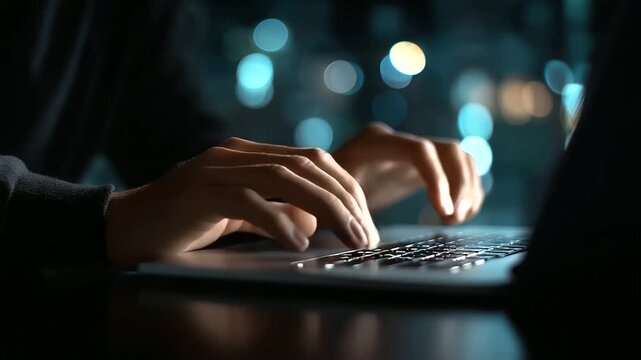 Faceless hands of person hacking on laptop, darkness environment operation, cyber crime concept scenario, malicious activity display, unauthorized access visualization, defocused d