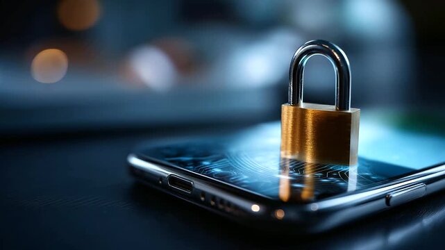 Smartphone and padlock security visualization, mobile device protection, data encryption concept, privacy control display, secure access representation, defocused device surface, w