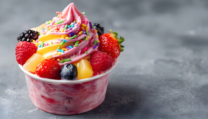 Colorful Frozen Yogurt with Assorted Fruits and Sprinkles in a Cup Against Grey Background