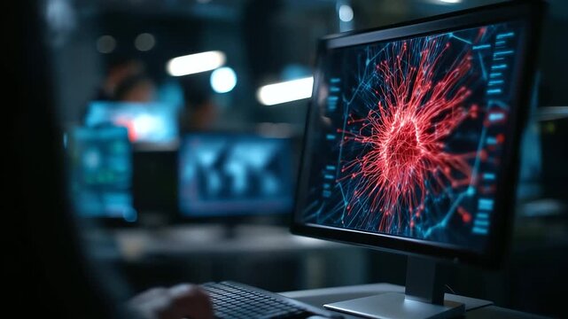 System hacked alert on computer screen, cyber attack network visualization, compromised information concept, internet virus security, cybercrime threat display, defocused digital i
