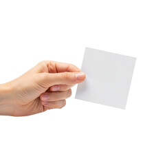 Fototapeta premium Hand holding small square white paper for notes messages reminders or small business cards placeholder