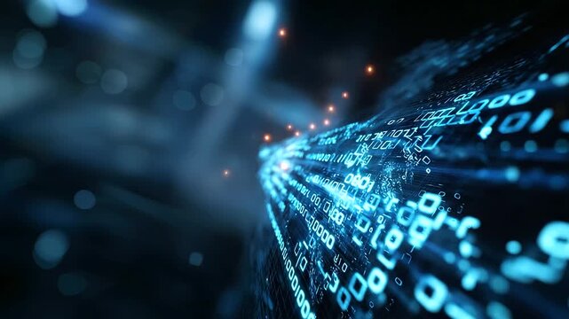 Data protection regulation visualization, bits and bytes data stream, privacy compliance display, information security flow, regulatory framework representation, defocused digital