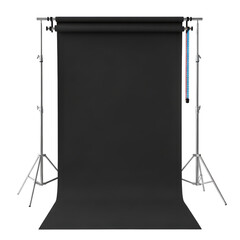 Professional photography studio backdrop stand with black seamless paper background