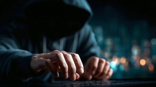 Faceless malicious hacker prepared to steal data, cybersecurity concept threat, information breach scenario, digital crime preparation, attack planning visualization, defocused dar