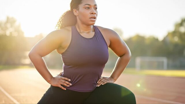 Determined athlete stretching on track at sunrise for morning workout routine