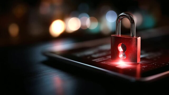 Hacker attack security breach visualization, system hacked display, internet cyber attack alert, red broken padlock symbol, cybersecurity threat representation, defocused digital i