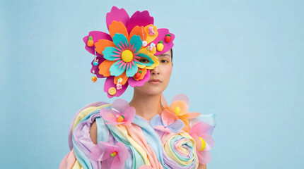 Creative fashion portrait with oversized paper flower mask, Pastel studio background, Surreal art concept, Vibrant colors, Minimal composition, Modern editorial style, Copy space