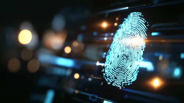 Fingerprint scan security access visualization, biometrics identification system, futuristic technology interface, smart business efficiency, artificial intelligence integration, d