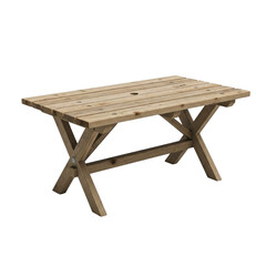 Wooden picnic table with metal fasteners and hole in center for outdoor dining or gathering in park isolated on transparent background